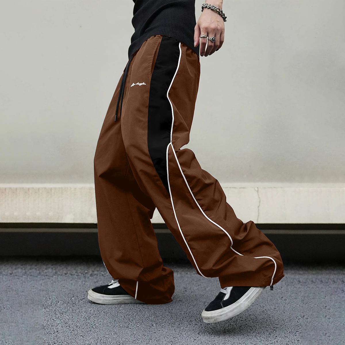 Men's high street style contrasting color splicing side striped tied wide-leg pants, American retro Los Angeles printed design loose drape sweatpants, multi-color optional thin casual pants are suitable for spring and summer wear Men's high street style contrasting color splicing side striped tied wide-leg pants, American retro Los Angeles printed design loose drape sweatpants, multi-color optional thin casual pants are suitable for spring and summer wear