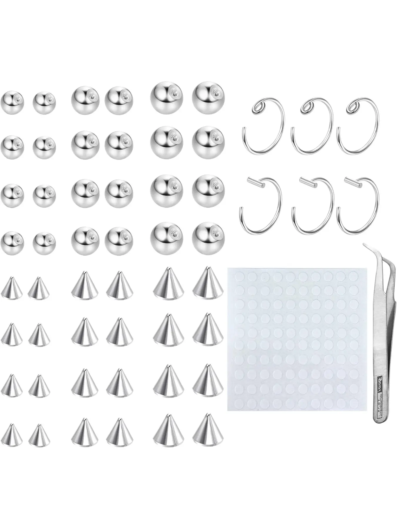 Non-Piercing Fake Eyebrow & Lip Labret Studs Set, Silver Color, 3/4/5mm Sizes, 100pcs Adhesives Included, Spike Design, Body Piercing Jewelry, Labret Studs Replacement