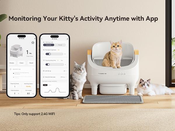 Thereye Open-Top Self-Cleaning Cat Litter Box, Automatic with App Control Wifi Odor-Free Waste Disposal Includes Trash Bags Litterbox