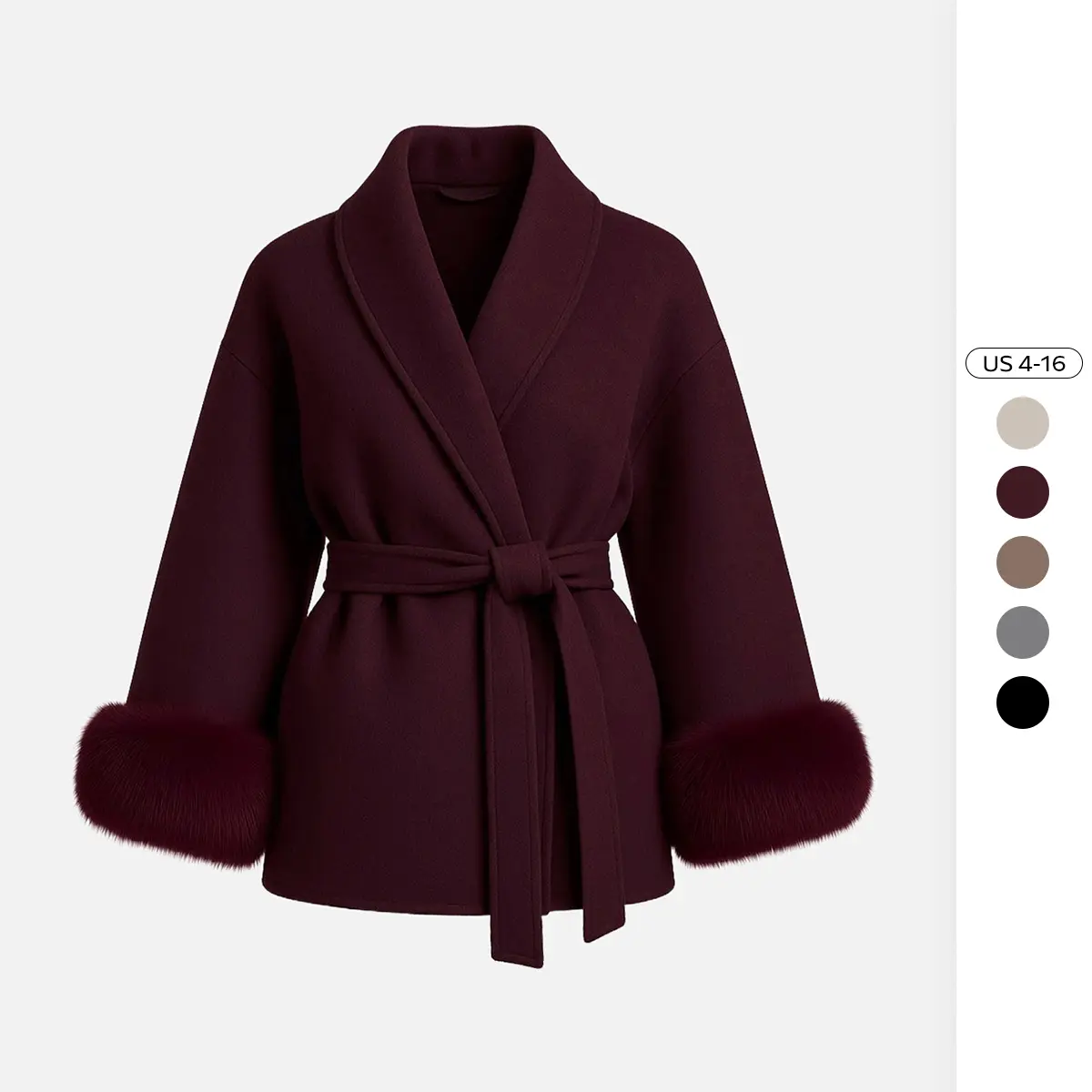 Women's Elegant Solid Color Waist Tie Fuzzy Cuff Wrap Coat, Cozy Plush Long Sleeve Thermal Coat, Fall & Winter Outerwear Jacket (US)