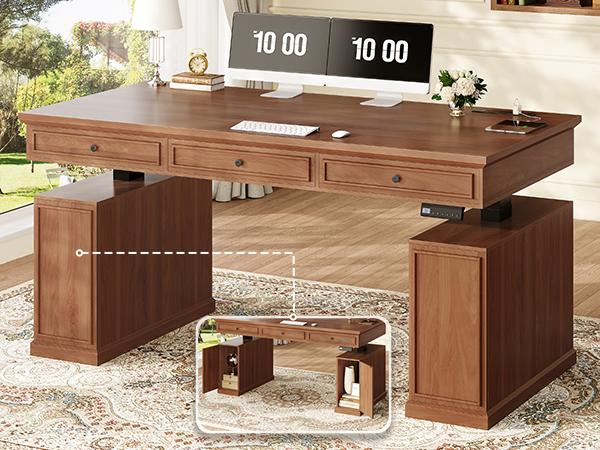 SEDETA 55.1 Inch Farmhouse Electric Standing Desk with 3 Drawers Height Adjustable Executive Office Desk with Storage Cabinet Computer Sit Stand Up Desk with Power Outlets