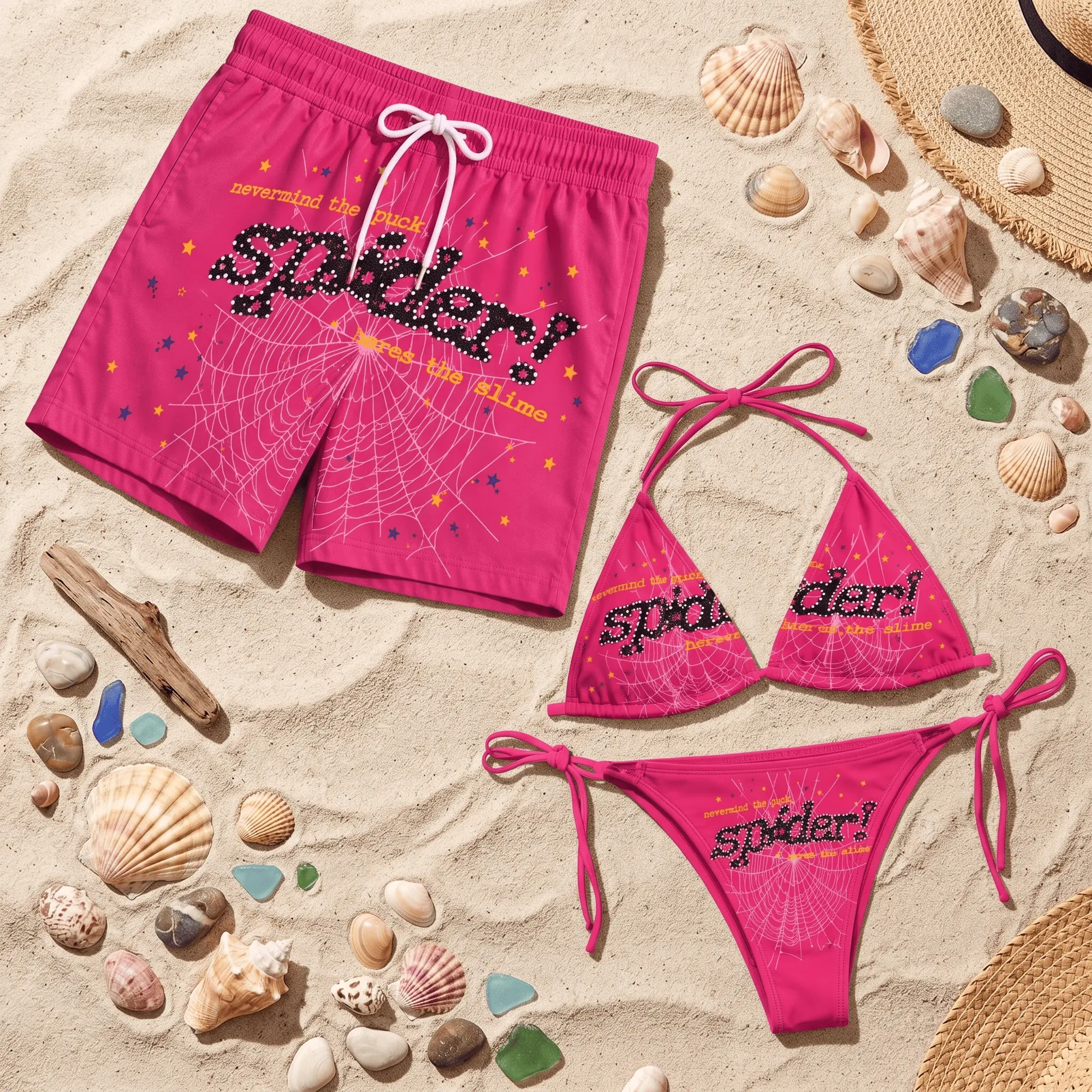 Y2K Sp5der Web Couple Swimsuit Set Hot Pink String Bikini for Women Men s Beach Swim Trunks Matching