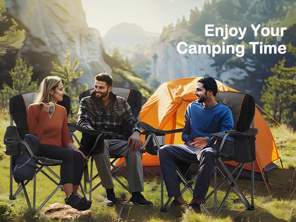 PHI VILLA Oversized Camping Folding Chair, Heavy Duty Support 450 LBS Steel Frame Collapsible Padded Arm Chair with Cup Holder Quad Lumbar Back, Portable for Outdoor