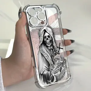 Gothic Rose Skull  Pattern Four Corner Anti-Fall Phone Case Transparent Electroplated Protective Cover for IPhone 16 Pro Max 15 Plus 14 13 12 11 E