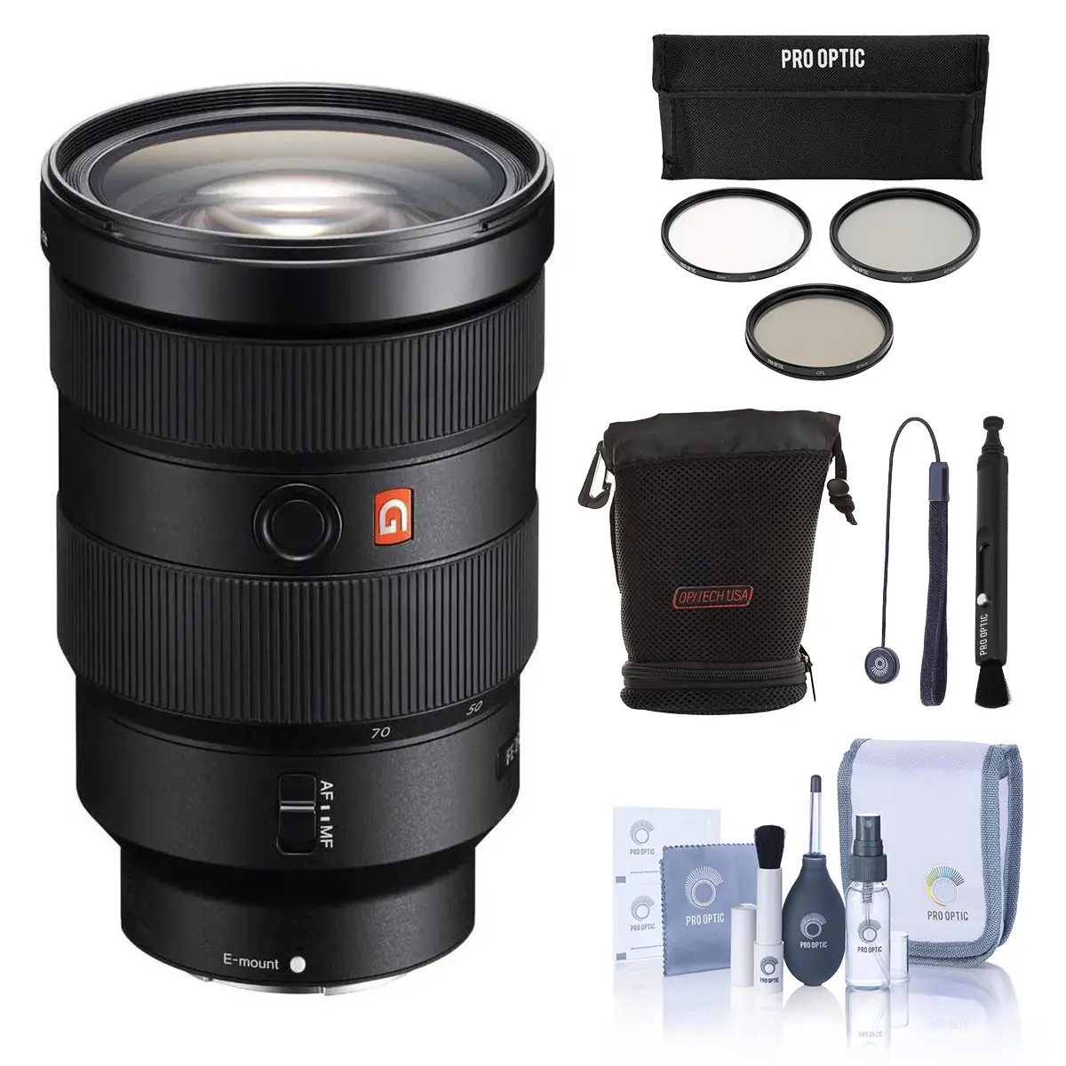 Sony FE 24-70mm f/2.8 GM Lens for Sony E, Bundle with 82mm Filter Kit, Lens Case, Lens Cleaner, Cleaning Kit, Lens Cap Tether