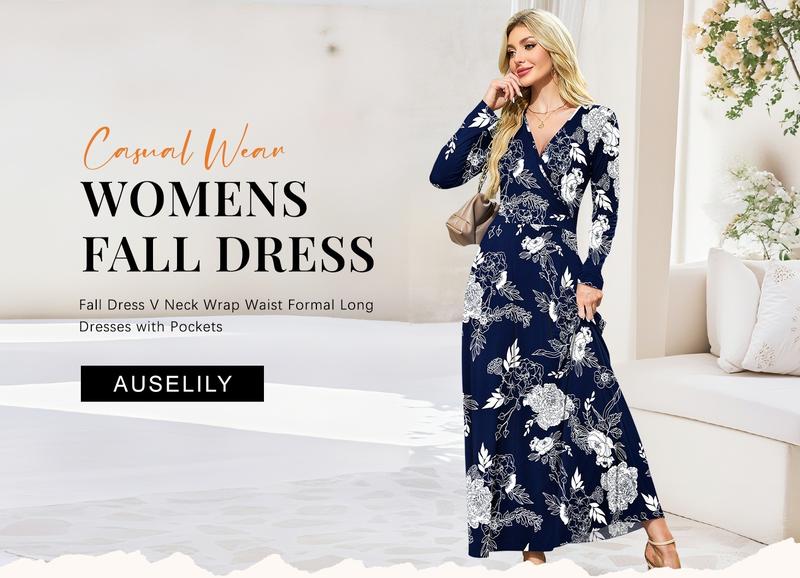 AUSELILY Maxi Dresses for Women, Cross Vneck, Longsleeve Ankle Length Floral Print Flowy Dress with Pockets