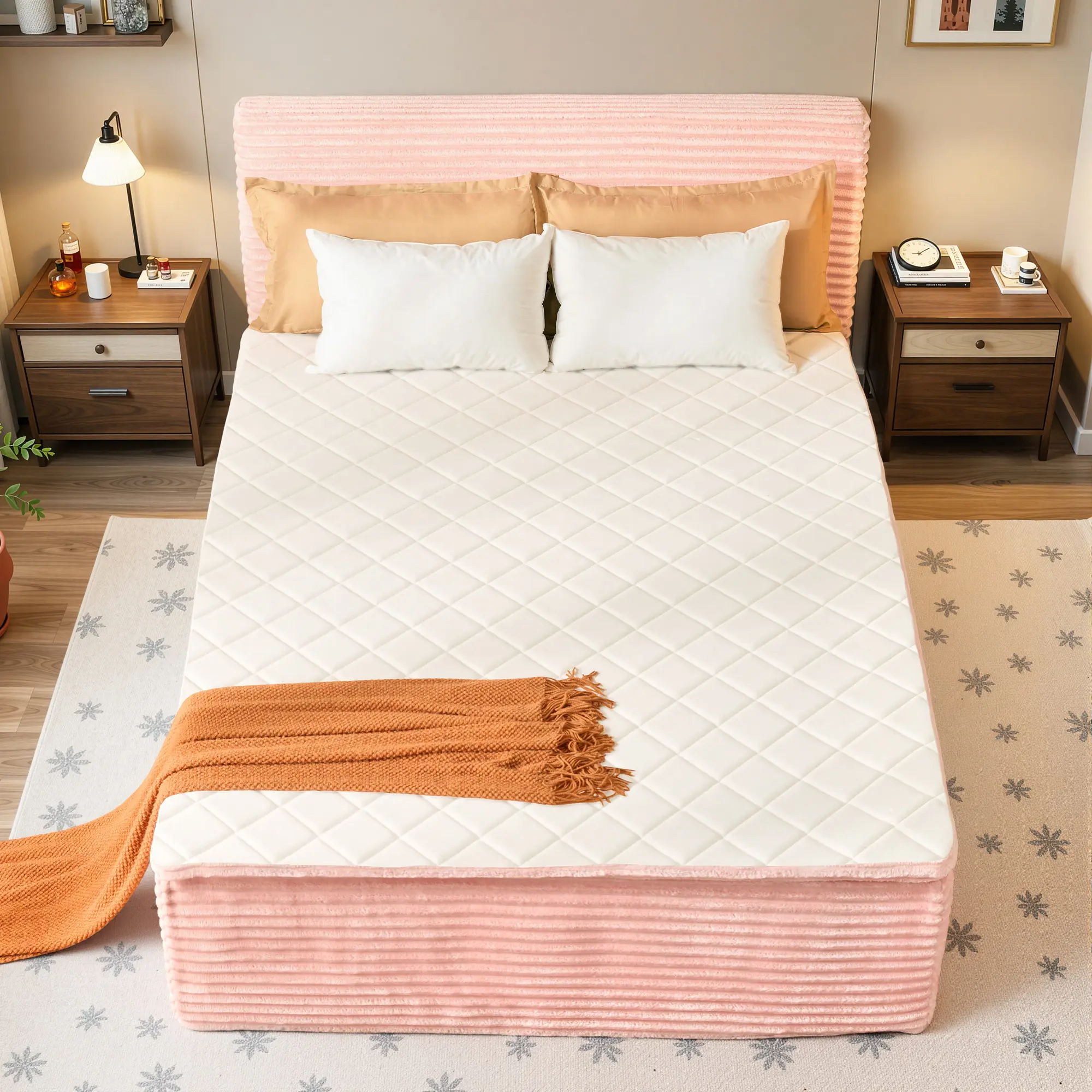 ALLWEX Multi-Size Upholstered Platform Bed Unboxing Set with 6-Layer Hybrid Mattress, 55" Modern Cloud Bed, Thick Padded Headboard with Soft Padded Edges, Pocket Springs & Adaptive Foam, No Box Spring Needed, for Bedroom Decor