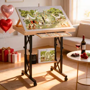 FUNTOK 1500 Pieces Puzzle Table with Wheels for Adults, Portable Wooden Puzzle Board Tables with Drawers, Adjustable Height with Scales, 5-Tilting-Angle, Transparent Cover, Non-Slip Felt Surface