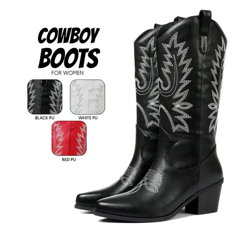 Cowboy Boots for Women Pointed Toe Mid Calf Boot Western Embroidered Chunky Block Heel Easy Pull On Comfy Wide Calf Retro Classic Vintage Boho Rodeo Boots for Festivals Country Dance Wedding Party Work Casual Shoes