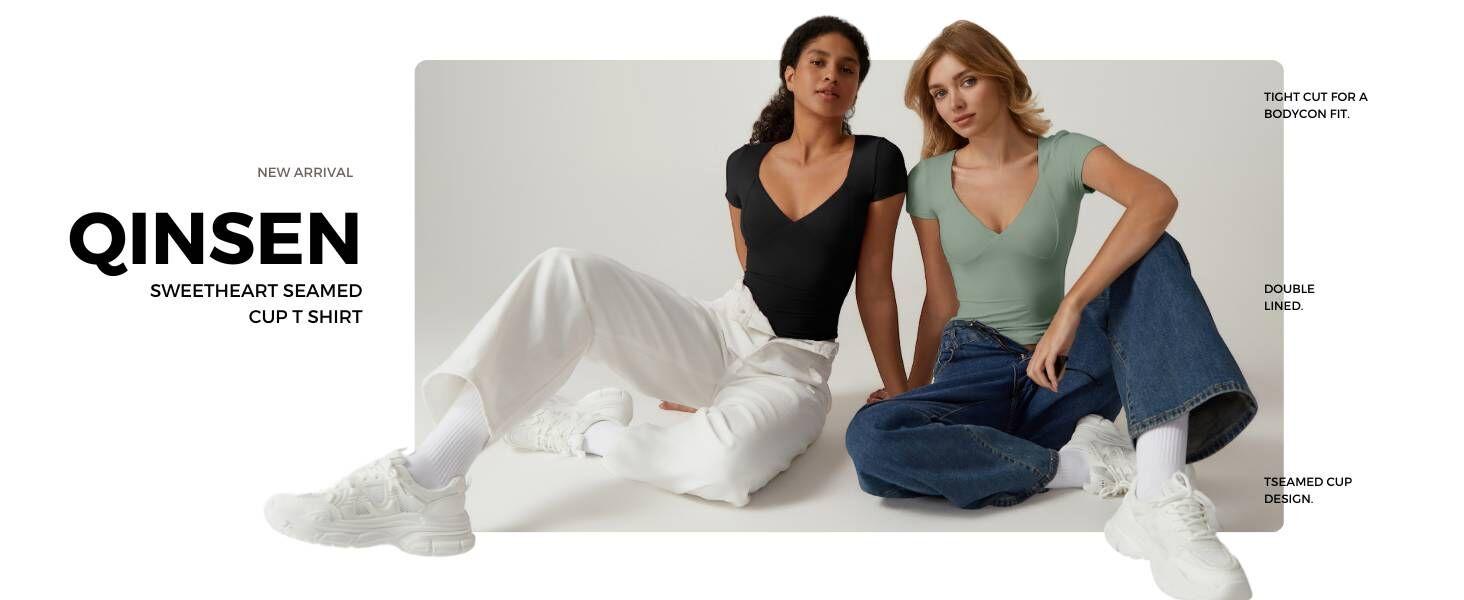 QINSEN Women's V Neck Short Sleeve T Shirts Double Lined Tee Seamed Cup Going Out Tops Comfort Fabric