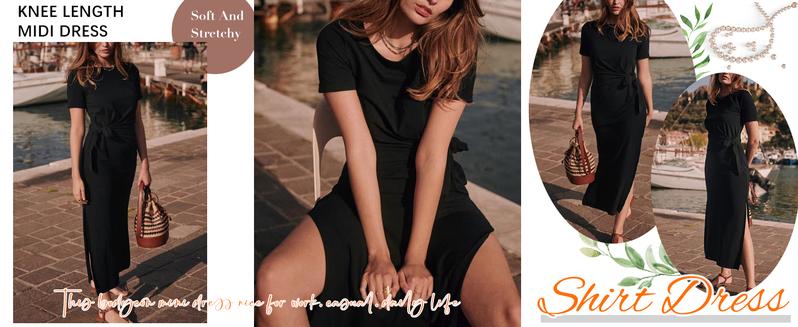 ANRABESS Women’s Summer Short Sleeve Crewneck T Shirt Maxi Dress Tie Waist Casual Slim Fit Slit Beach Dresses Vacation Outdoor Soft Long Dress