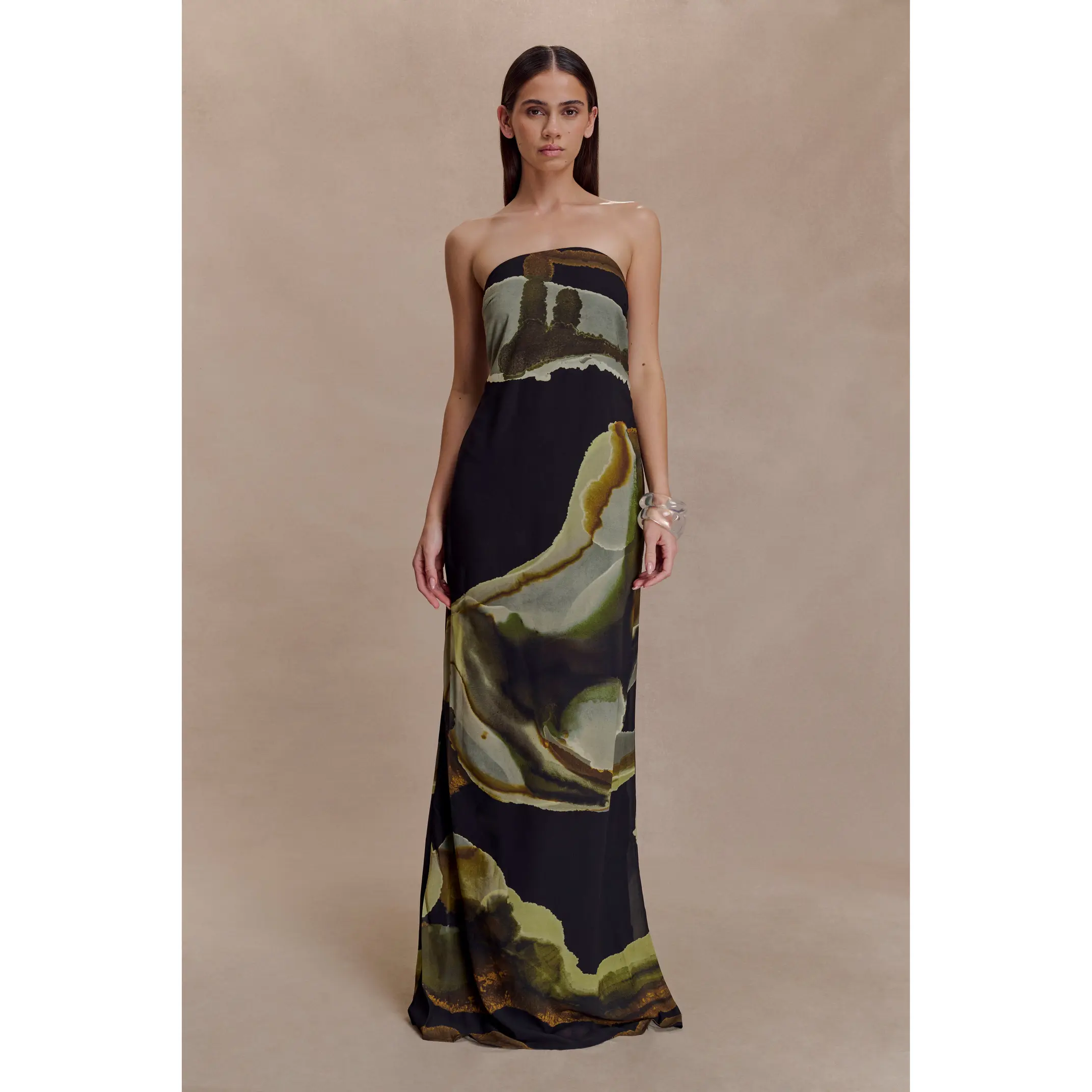 Amaya Strapless Chiffon Maxi Dress - Green Fluid Reverie Print