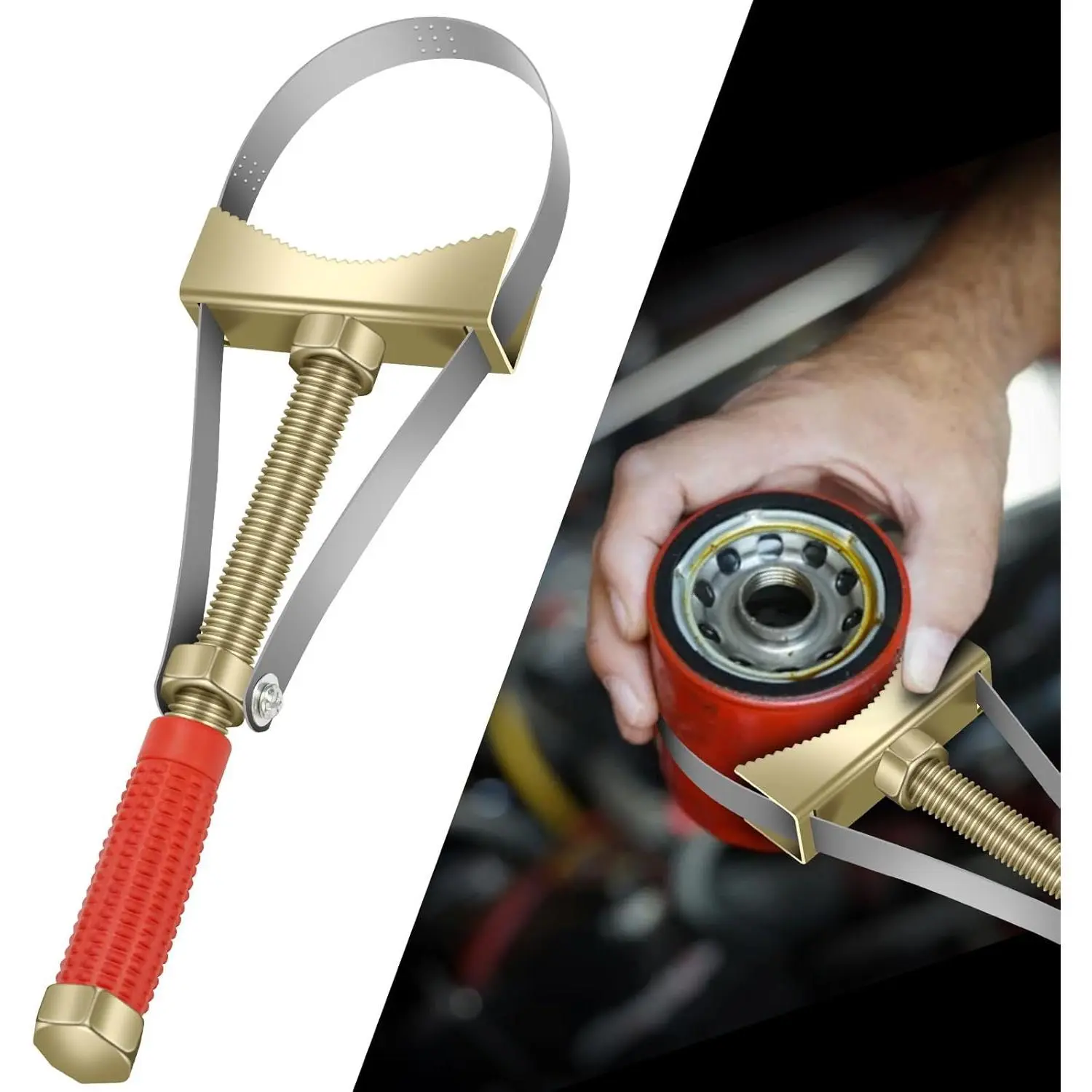 Heavy Duty Adjustable Strap Oil Wrench Removal Tool - 9-15 cm Diameter Steel Construction, Slip-Resistant PVC Handle, Ergonomic, Compact, Patented, Portable Hand Tool for Mechanics, Construction Machinery, Boats, Excavators Maintenance
