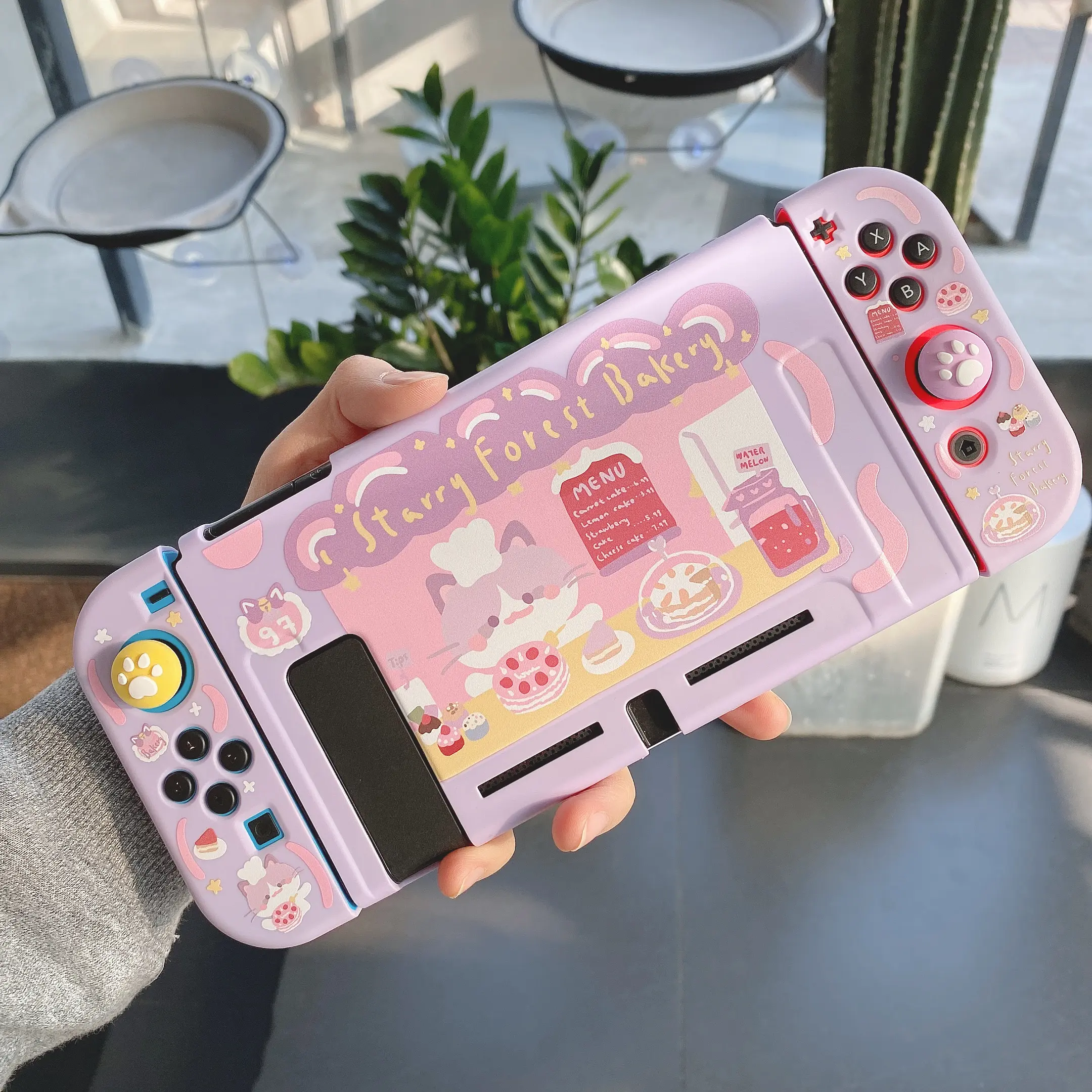 Starry Forest Cute Cat Bakery Case for Nintendo Switch Oled, Switch Lite and Swtich Cute Cat switch shell, Kawaii Switch oled cover skins accessories soft, purple