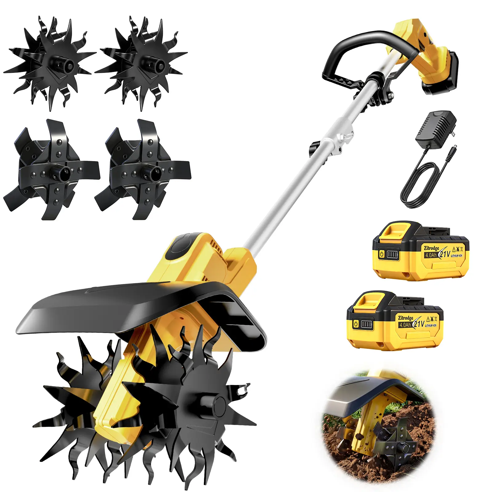 2-in-1 Cordless Brushless Motor Tiller Cultivator Trencher, Electric Mini Lawn Edger with 2*4.0Ah Batteries, 9” Width, 6” Depth, 48 Steel Tines Rototiller for Gardeners’ Soil Weeding, Dewalt Battery Compatible, 400rpm, 2-In-1 Design