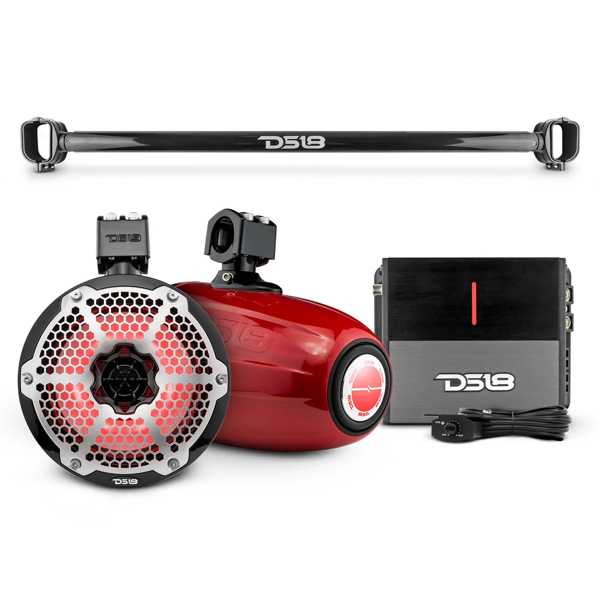 DS18 6th Gen Bronco Tube Mount Bundle with 8" Marine Tower Speakers, RGB Lighting, Amplifier, and Brackets for Marine Towers, Bundle Pack
