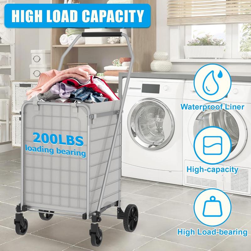 Foldable Heavy Duty Shopping Cart - 200lbs Capacity, 360° Swivel Wheels, 65L Waterproof 600D Oxford Bag, Easy Assembly for Grocery, Laundry, Garden, Camping (Grey, 19.5 x 39 x 20 inch)