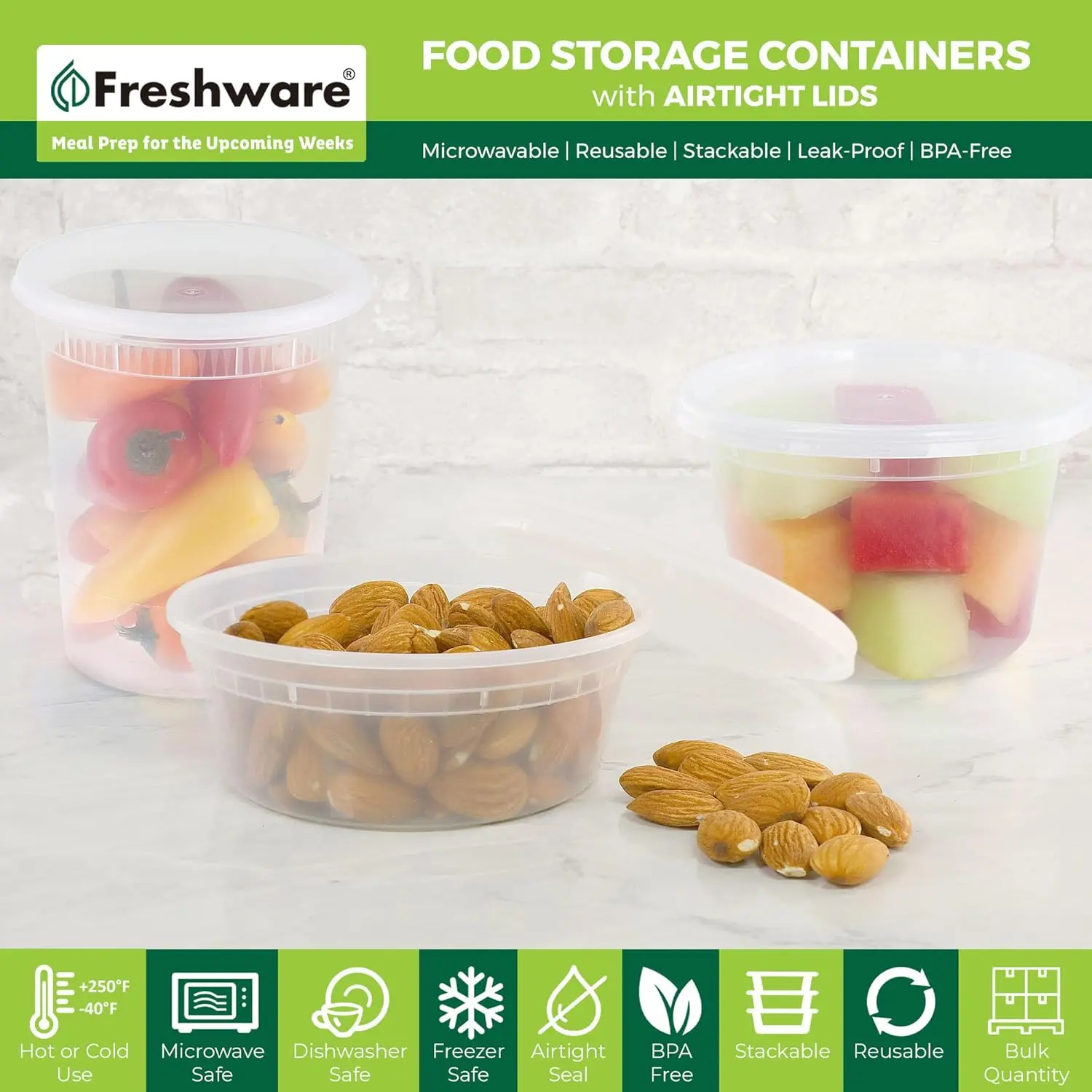 FRESHWARE 60-Pack Airtight Plastic Storage Containers - Sealable Container, Leak-Proof Lids, 8oz/16oz/32oz (20 Each), BPA-Free Recyclable Polypropylene, Stackable Reusable Kitchen Household Products, Fridge Organization Tool, Microwave/Freezer Safe
