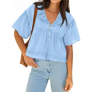 Cicy Bell Womens Cropped Babydoll Tops Summer Eyelet V Neck Short Sleeve Cute Blouses Ruffle Shirts in Comfortable Cotton Fabric