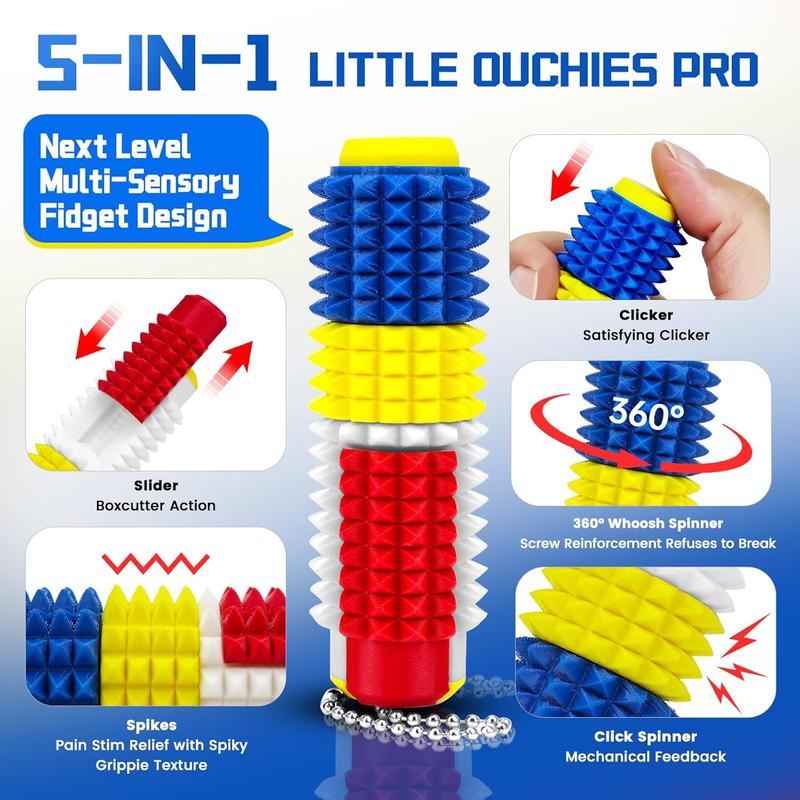 Little Ouchies Grippie 5-in-1 Stim Fidget Keychain | 3D Printed Portable Stress Relief Toy with Button Clicks, Spinners & Spiky Grip | Pocket Mini Pain Stim Fidget for Adults, Novelty Gift