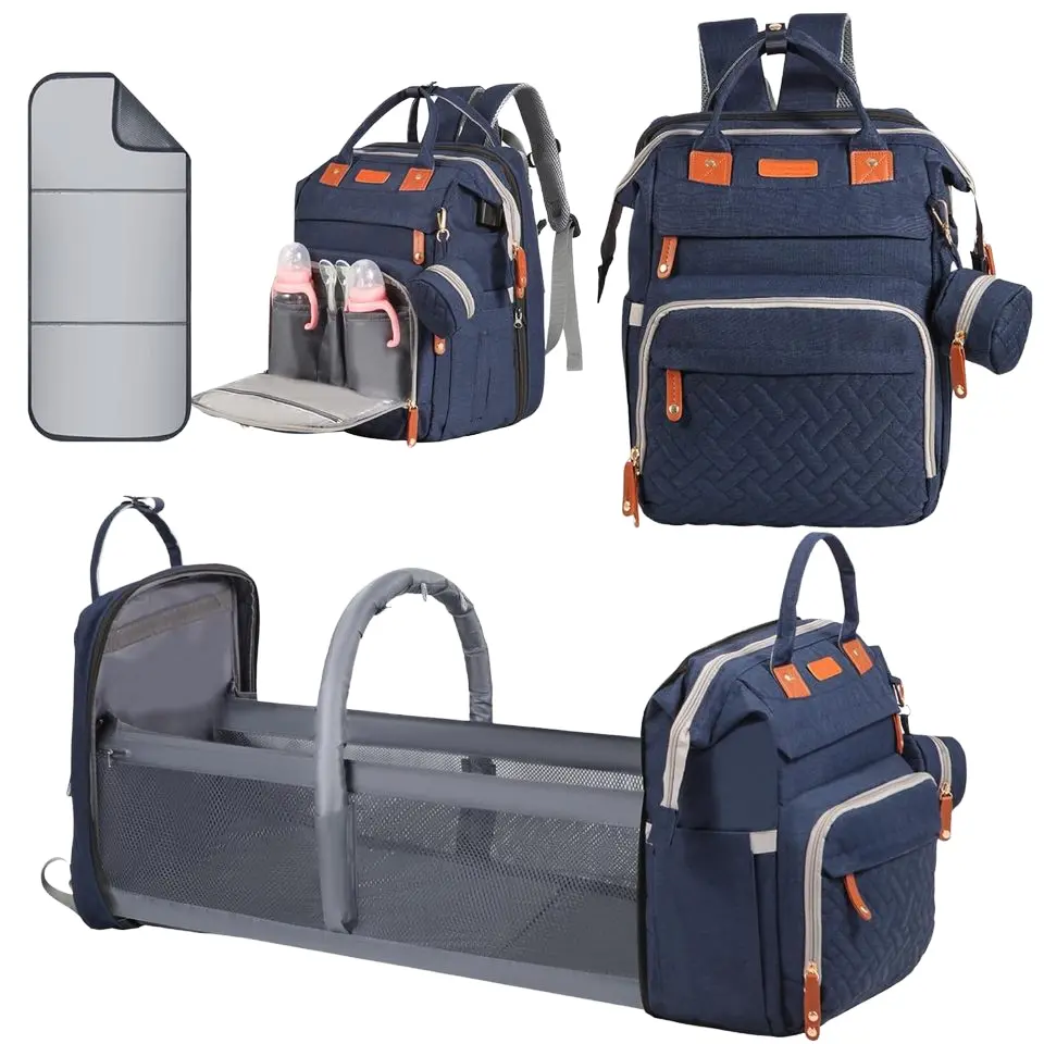 Diaper Bag Backpack with Foldable Changing Station, 19 Pockets, USB Port, 2 Insulated Bottle Holders, Stroller Straps, Waterproof Portable Travel Nursery Bag for Parents