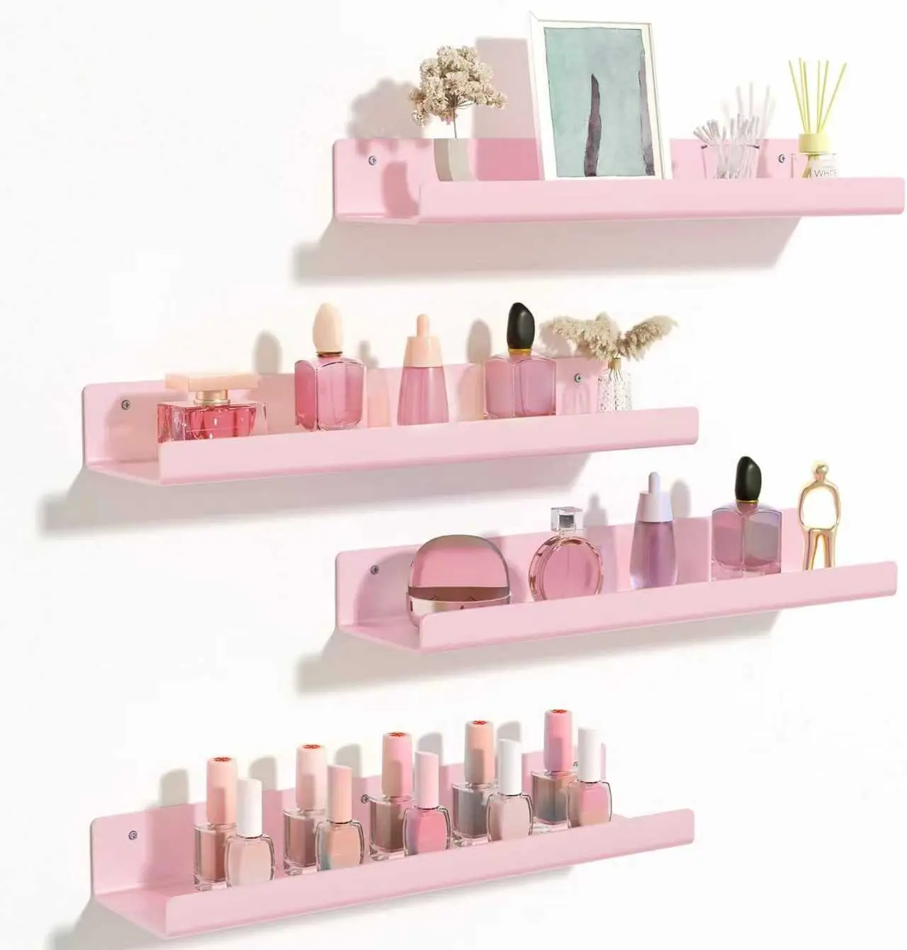 Pink Acrylic Wall Shelves Set of 4, 15 Inch Invisible Floating Display Shelves for Kids Room, Bathroom, Living Room, Multipurpose Organizer for Cosmetics, Action Figures & Home Decor
