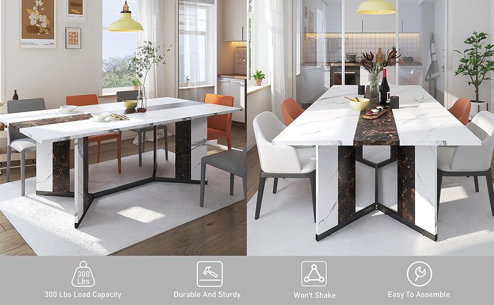 71" Large Luxurious Rectangular White Dining Table for 6-10 People with Marble-Color Wood Tabletop, Adjustable Metal Legs, Modern Design