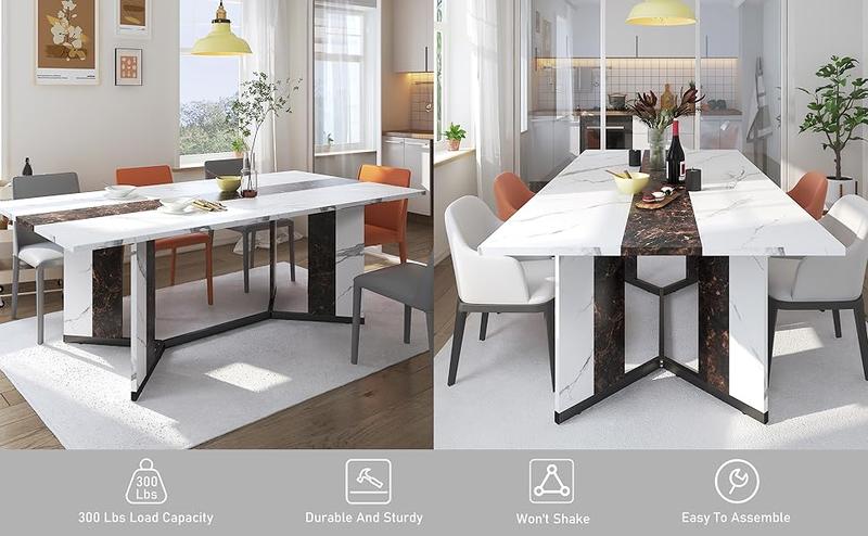 71" Large Luxurious Rectangular White Dining Table for 6 8 10 People with Marble-Color Wood Tabletop, Metal Adjustable Leg. Modern 6ft Family Dinner Table for Rustic Office Kitchen Living Room