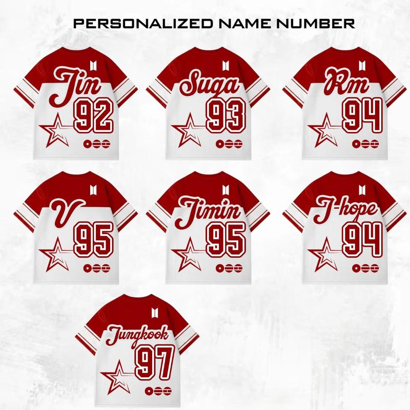 Personalized Name & Number Army Arirang World Tour Football Jersey, Bangtan Style with Red White Sporty Design, Perfect Gift for K-pop Fans