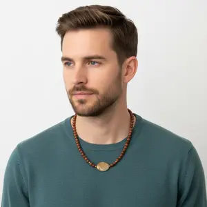 Mens Goldstone and Quartz Beaded Necklace