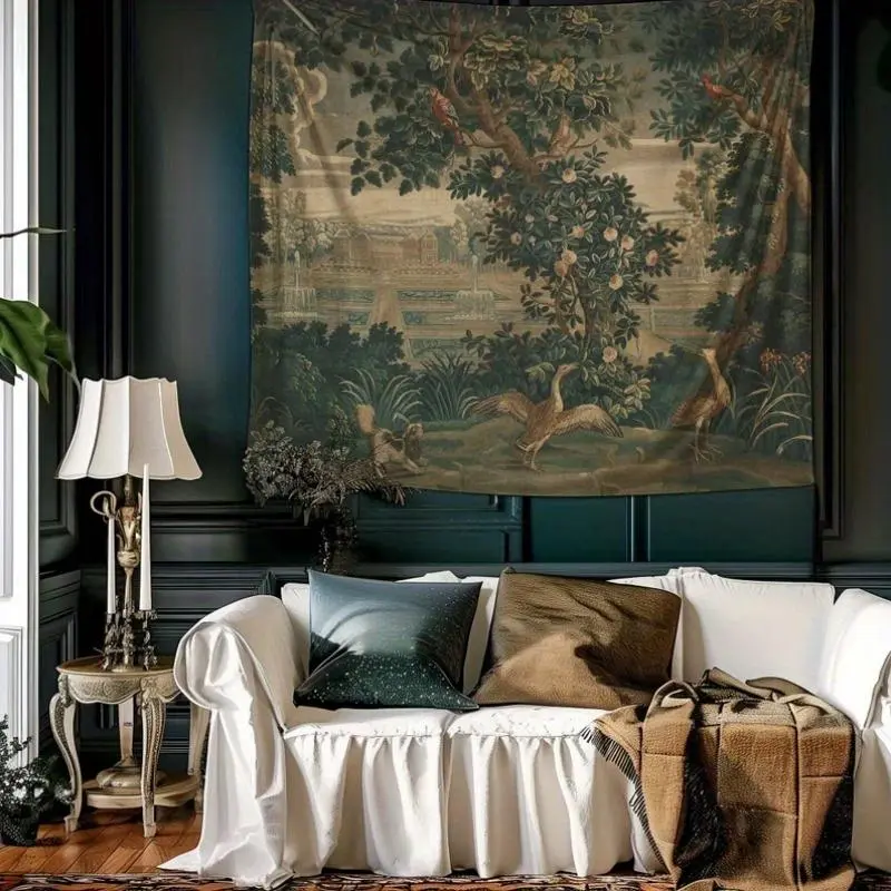 Vintage French Verdure Tapestry Wall Hanging - Dark Cottagecore Living Room Wall Decor, French Countryside Eclectic Tapestry Style, Vintage Home Decor for Home Aesthetic, Room Decor
