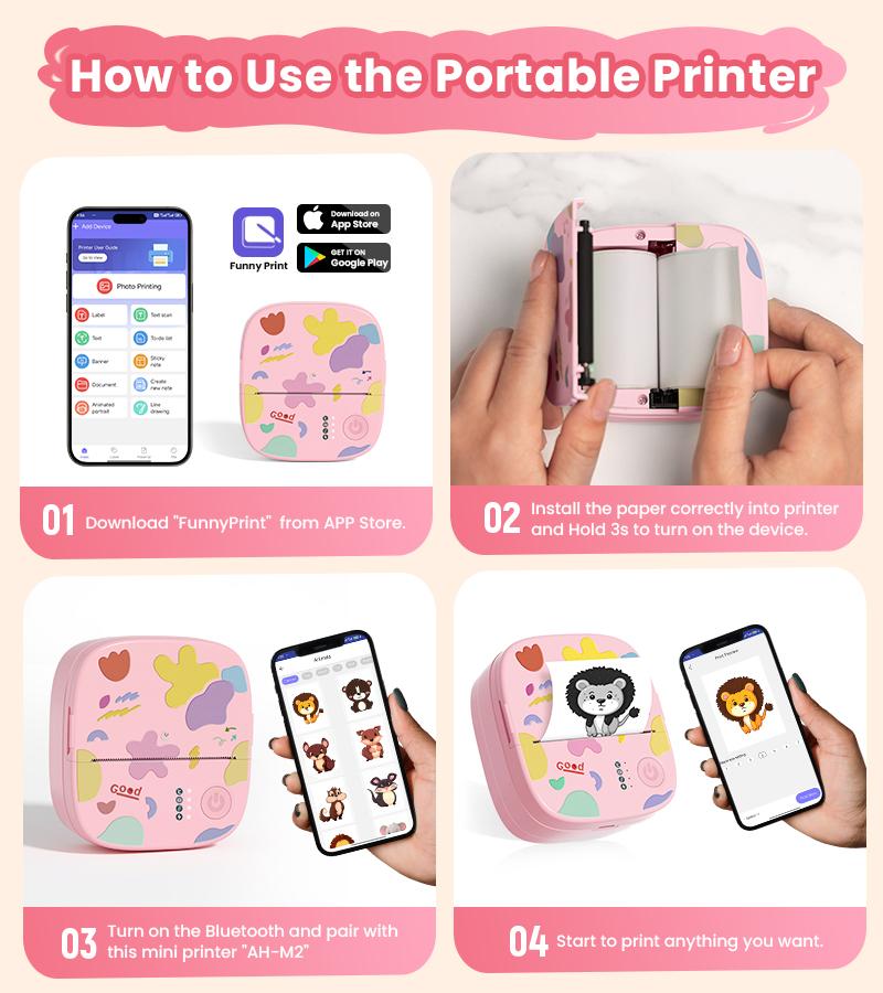 [CrazyThursdayLIVE] XenGro Mini Sticker Bluetooth Printer included 3 Roll label Thermal Pocket Printer,Inkless Portable Printer B&W Printing Only for Study Notes, Photos, Memos, Lists, Journals Printing Machine Sticky Label, Birthday Gifts for Girls Boys