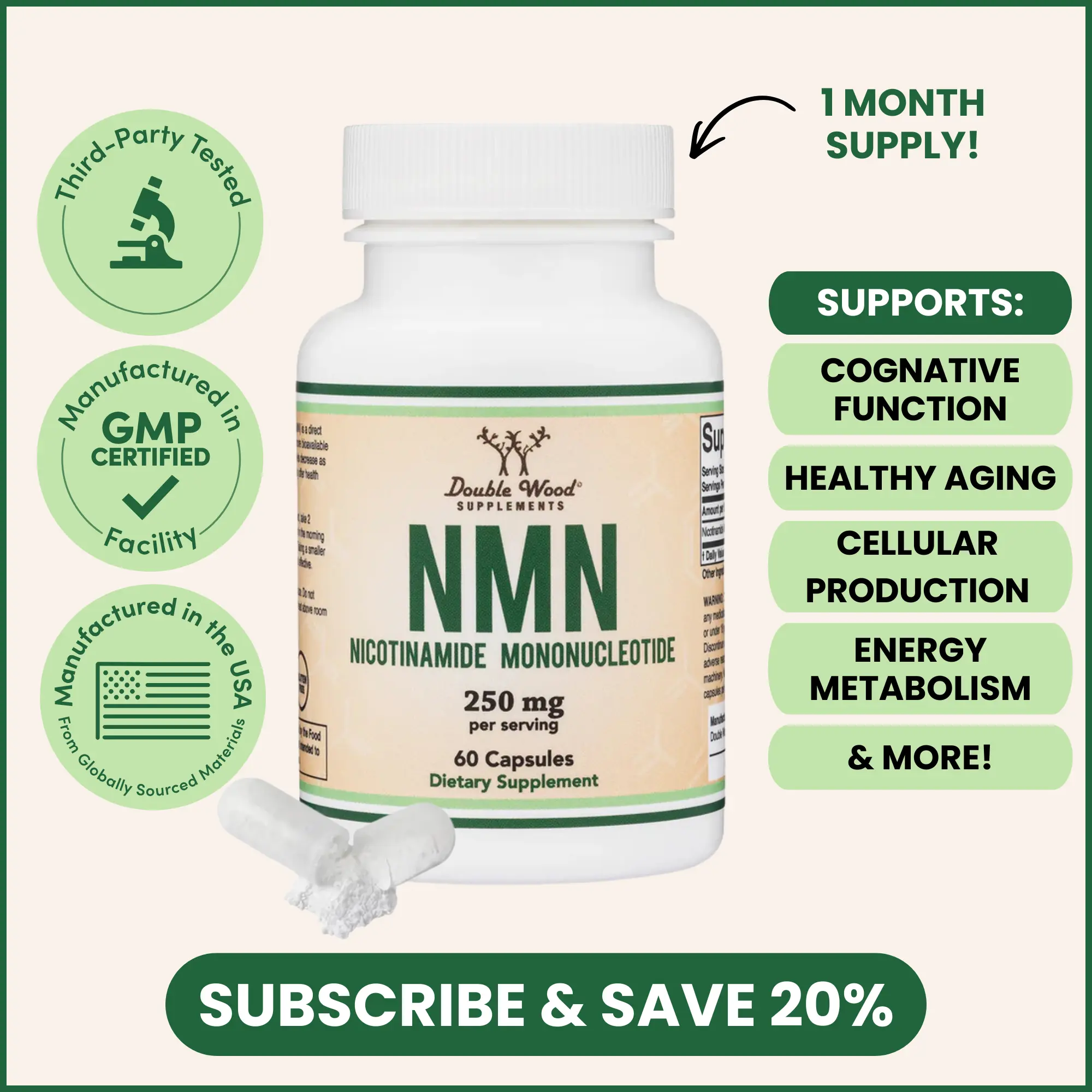 NMN | 250 mg | 60 Count | Promote Energy Level, NAD+ Level | Supports Healthy Aging, Energy Metabolism | Double Wood Supplements
