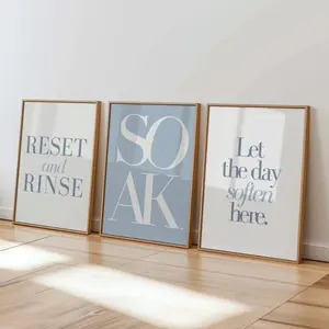 Blue Bathroom Wall Art Set of 3 Prints, Reset and Rinse, Soak Print, Let the Day Soften Here, Spa Bathroom Decor, Minimalist Bathroom Quote