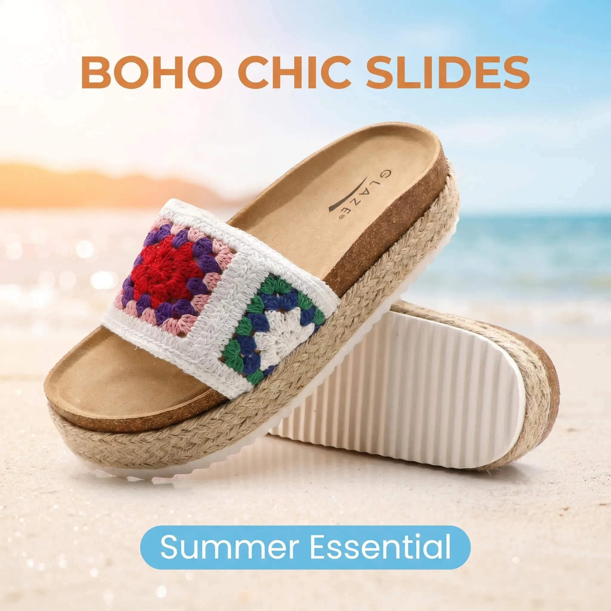 Women's Crochet Platform Slides, White Boho Open Toe Sandals with Jute Sole and Cork Footbed for Summer, Lightweight Breathable Slides, Open Toe Slides