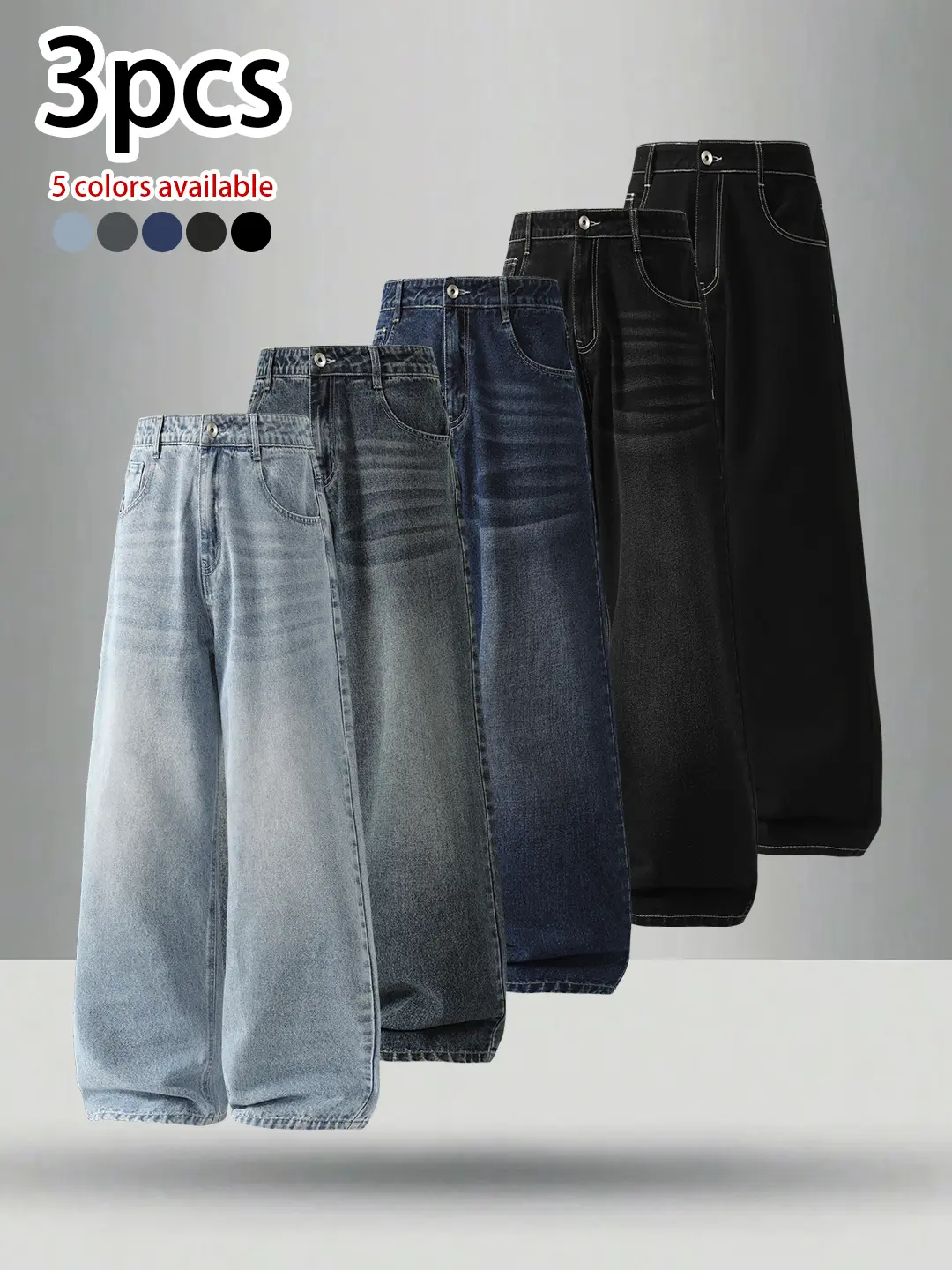 Pack of 3 men’s vintage washed jeans—cotton distressed design, loose fit, comfortable and skin-friendly long pants. Streetwear fashion for spring/autumn, casual and versatile men’s denim long pants for everyday wear.