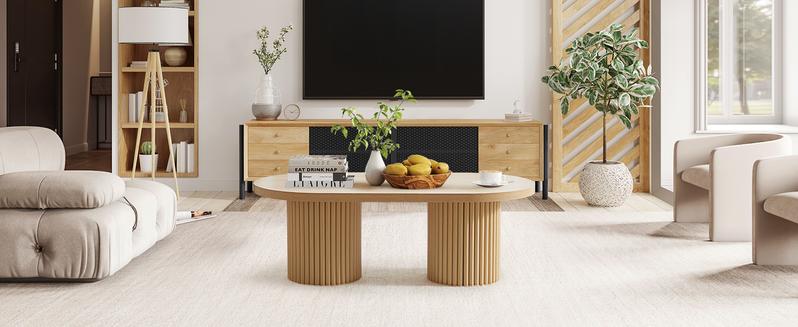 Giratree 39.38" Fluted Oval Coffee Table for Living Room, Boho Modern Coffee Table with Fluted Legs, Curved Round Wood Center Table for Home, Small Spaces, Office