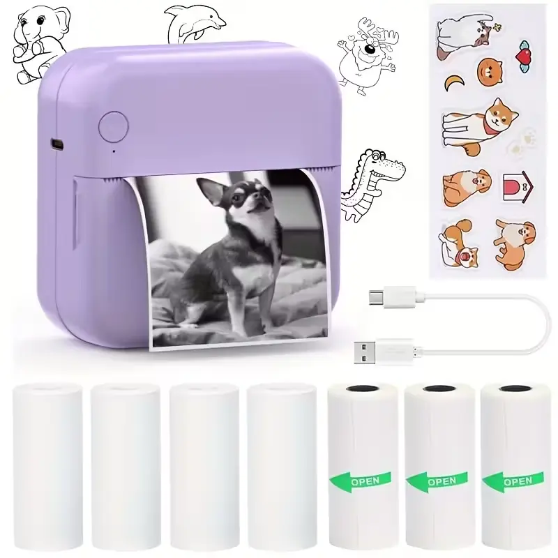Portable Wireless Sticker Photo Printer-HuiJuKeJi—Portable pocket sticker printer for iPhone, with 7 rolls of thermal paper (4 rolls of thermal paper+3 rolls of adhesive), used for photos, memos, and diaries