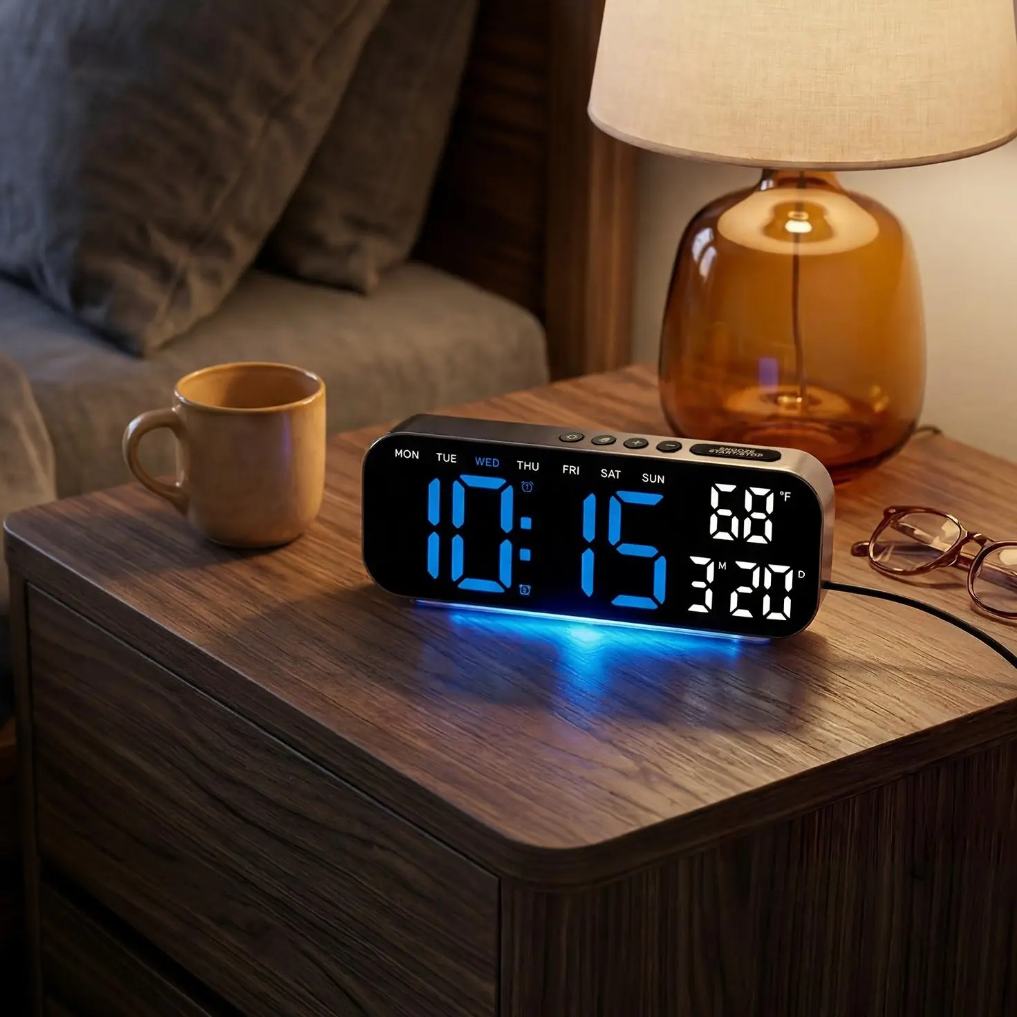 TIMESS 10" LED Digital Alarm Clock - Large Screen Big Digits, Colorful Base Lighting, USB&Battery Power, Date-Week-Temperature Display, Dual Alarm, Countdown Timer, Room Gadgets for Bedroom, Ideal Modern Home Decor Gift for All Ages, Happy Birthday