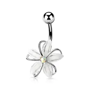 CZ Crystal Centered Wire Set White Flower Belly Button Ring  - 316L Stainless Steel
