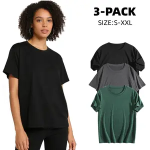 3-pack of women's cotton T-shirts, loose fit, short sleeves, casual solid color street style tops, classic style, suitable for fitness wear.