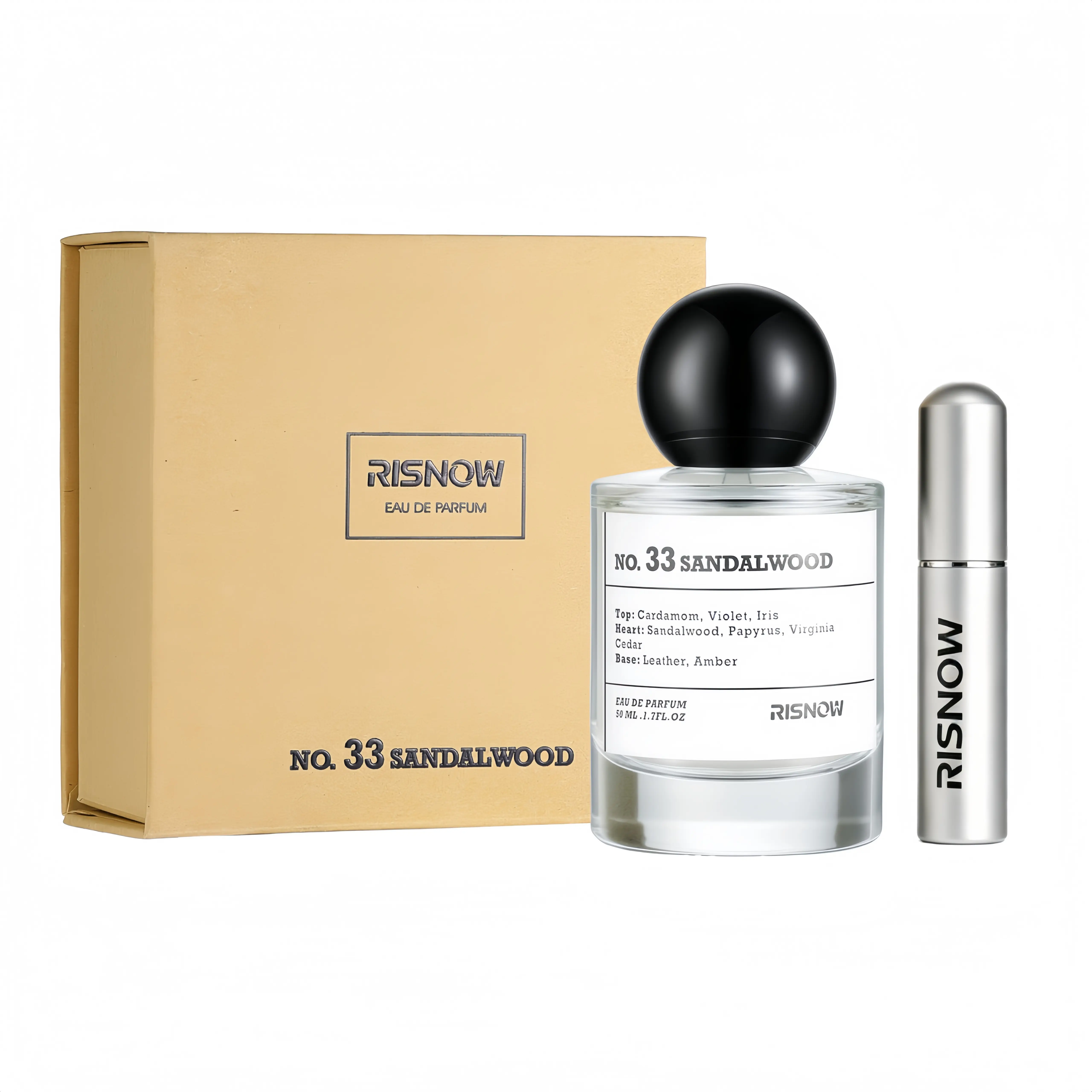 RISNOW No. 33 Sandalwood Eau De Parfum 50ml with Portable Travel Spray Bottle Long-Lasting woody fragrance with Violet Sandalwood Amber for women & men Unisex Fragrances Luxury Gifts Eau De Perfume
