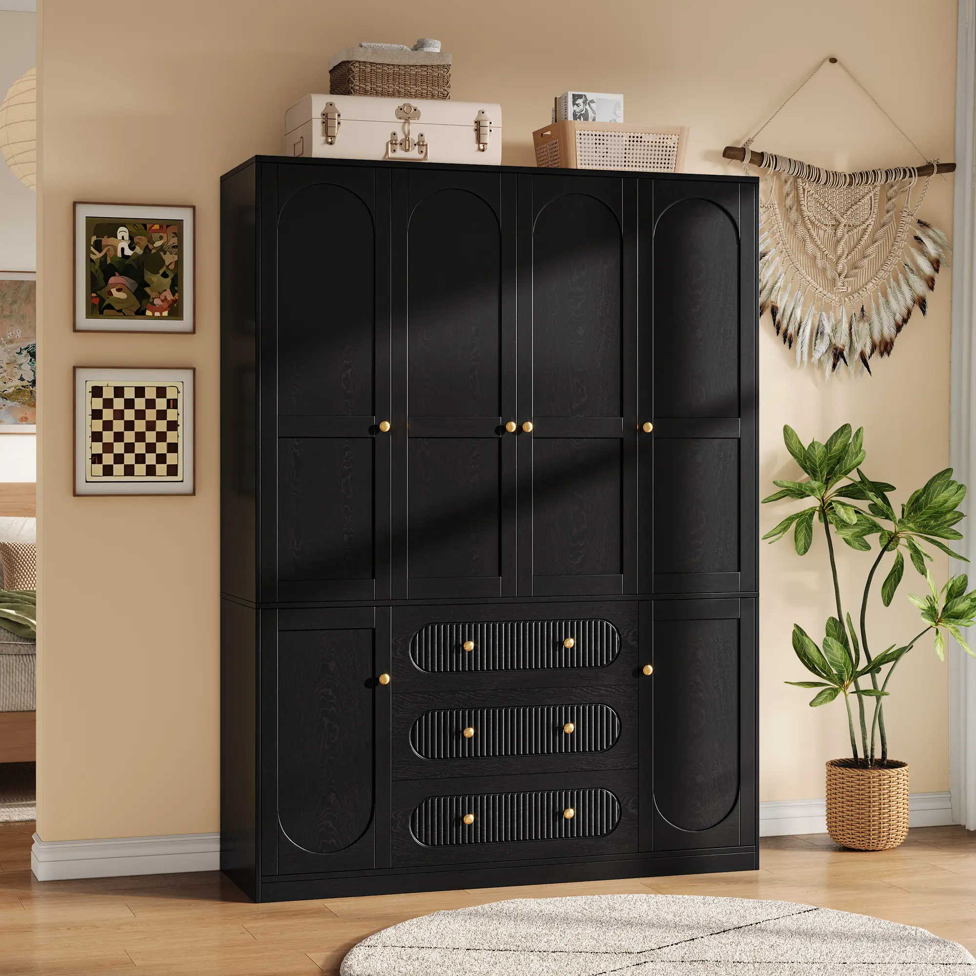 TOKSOM 4-Door Freestanding MDF Wood Armoire Wardrobe Closet - 72" White Waterproof Home Closet Storage, Large Size, Adjustable 3 Hanging Rods, 3 Drawers, Wave Panels, Sturdy Base, Archives, Assembly Required