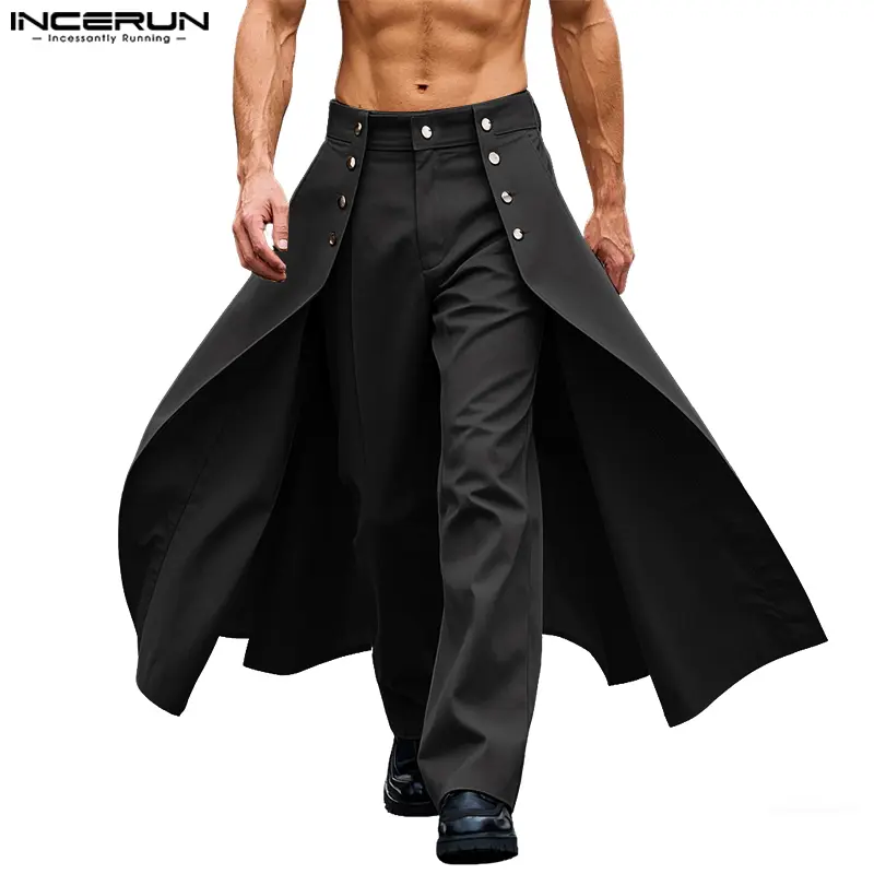 INCERUN Men's Black Gothic Double-Breasted High-Waist Deconstructed Tiered Layer Baggy Wide-Leg Blazer Pants - Menswear, Size-Inclusive Plus-Size Button-Adorned Pants for Halloween Cosplay, Steampunk Party, Baggy Pants