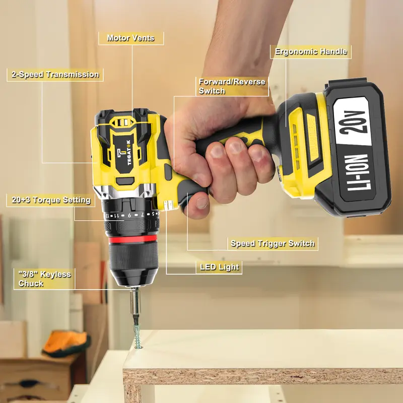 Cordless drill with two-speed transmission, adjustable torque settings and LED light