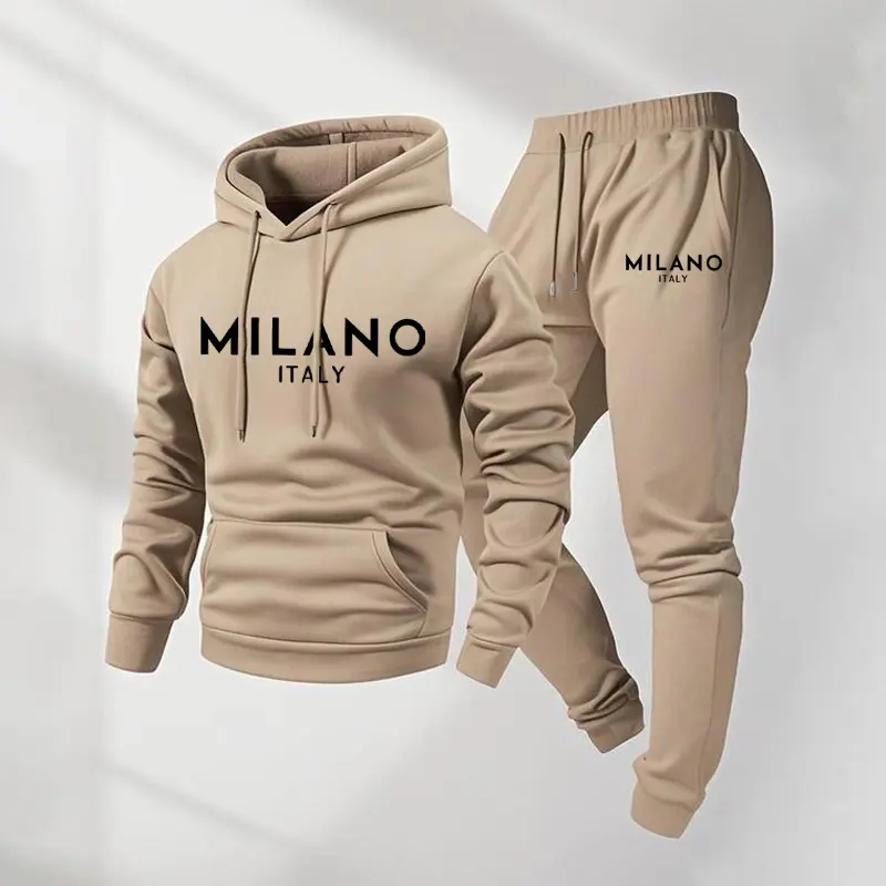 Men's 2-Piece Minimalist Milano Printed Letters Tracksuit - Gym Matching Outfit (Long Sleeve Hoodie & Loose Drawstring Sweatpants), Casual Fit, Machine Washable, Fall Winter Athleisure Menswear Set, Mensfashion, Daily Wear, Loose-Fitting, Sporty Chic, Cas