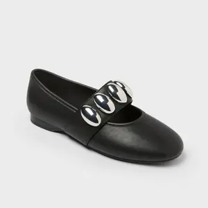 A New Day Women's Genevieve Oversized Dome Stud Mary Jane Flats with Memory Foam Insole - Black, Medium Width, Closed Round Toe, Pull-On Closure
