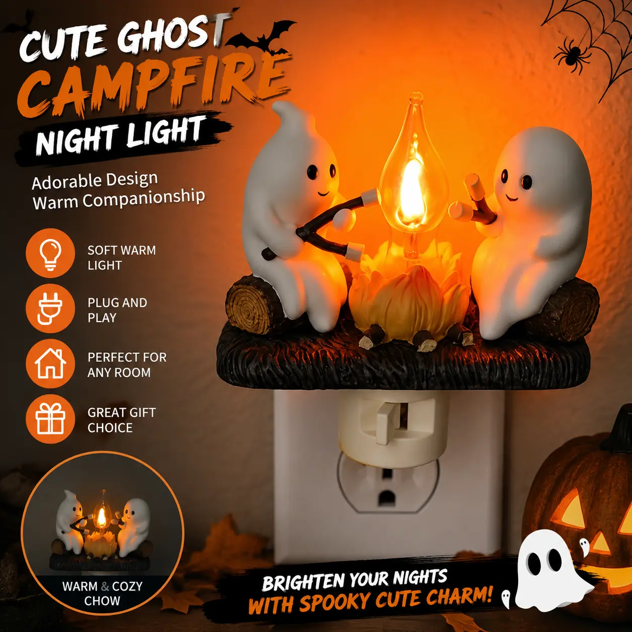 Cute Ghost Campfire Night Light Halloween Plug-in LED Night Light for Bedroom, Hallway, Bathroom, Spooky Home Decor