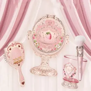 9th Anniversary Set Desktop Mirror Air Cushion Comb Brush Bucket Makeup Tool Kit with Pink Rose Design and Heart Accents
