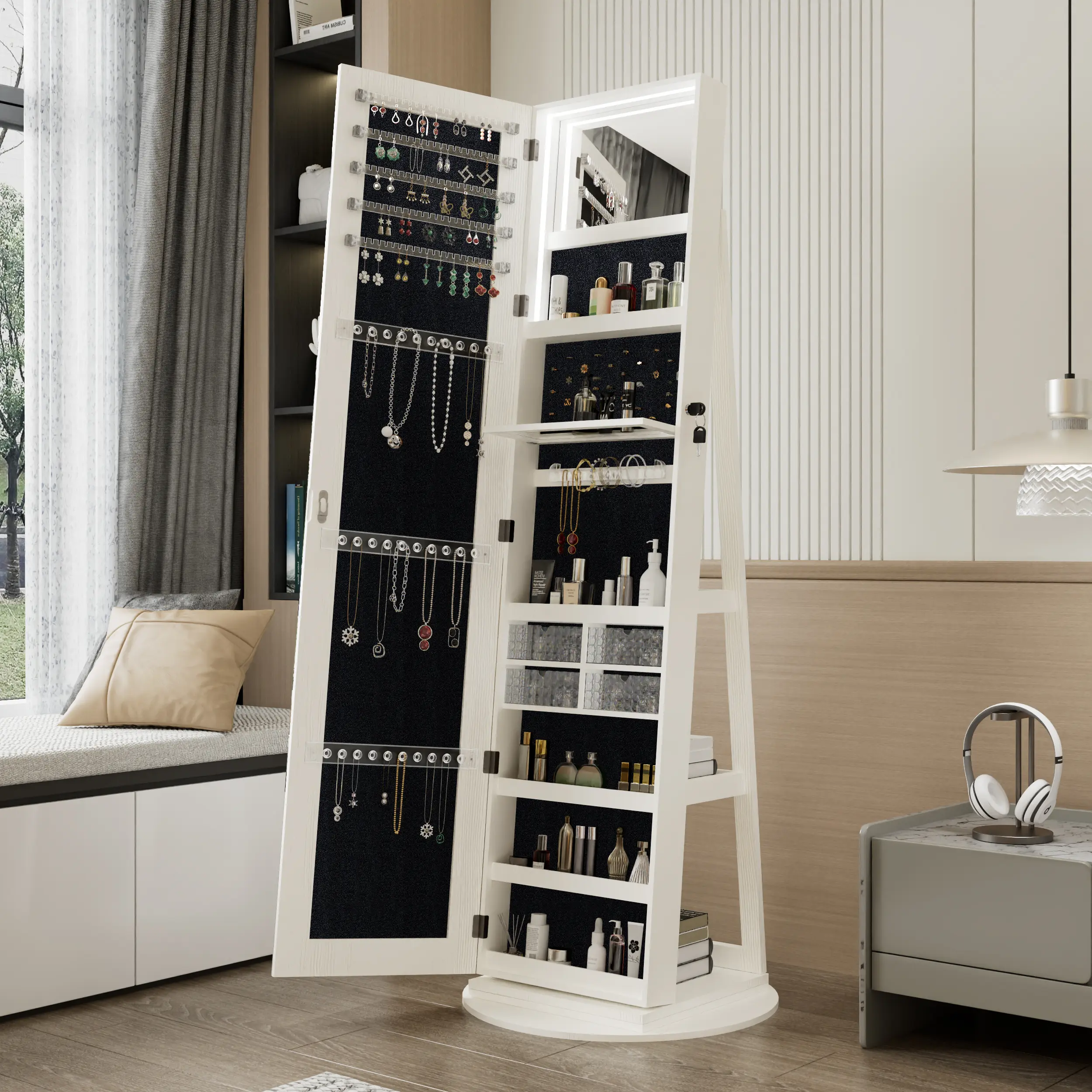 Bellemave  360°Swivel Jewelry Cabinet with FullBellemave  Length Mirror, 360°Rotating Standing Jewelry Armoire Organizer, Lockable Storage Cabinet, Interior Lighted Mirror,